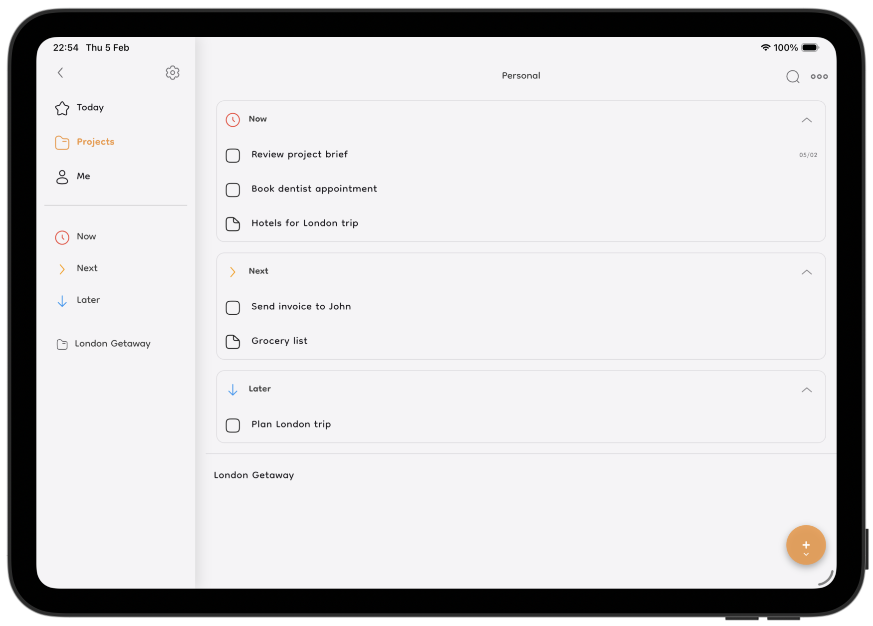 Projects screen on iPad